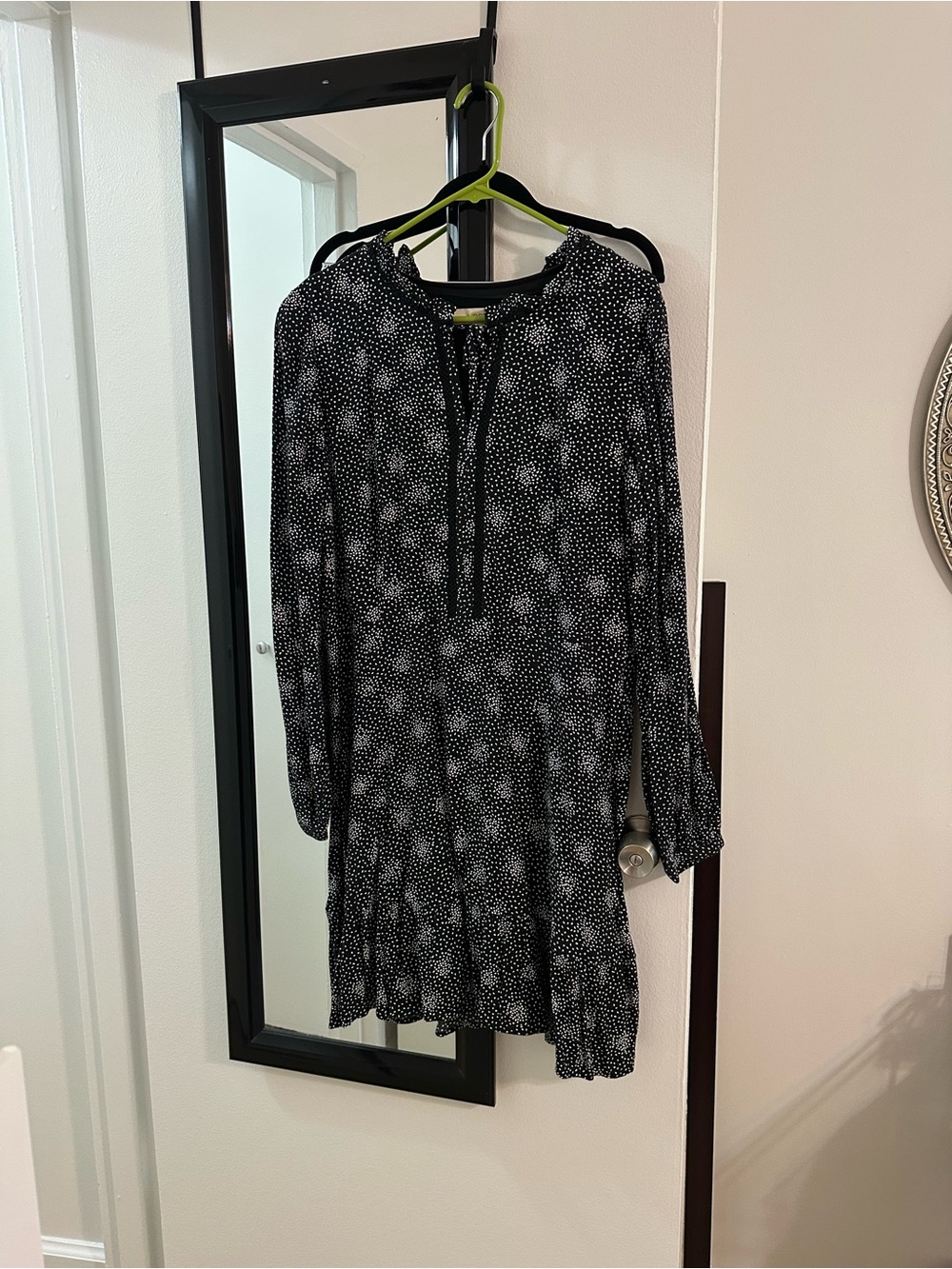 LOFT Black Floral Tie-Neck Long-Sleeve Mini Dress